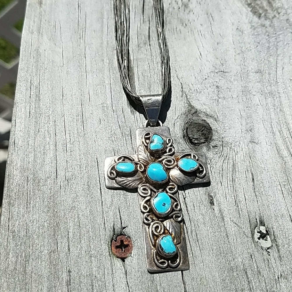 Sterling Turquoise Cross Liquid Silver Necklace